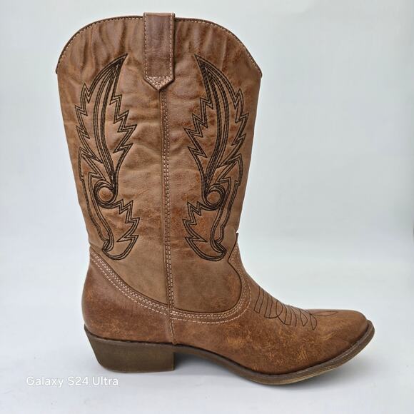 Coconuts Gaucho Brown Western Boots Faux Leather Embroidered Cowgirl Womens 6.5M - Picture 2 of 10